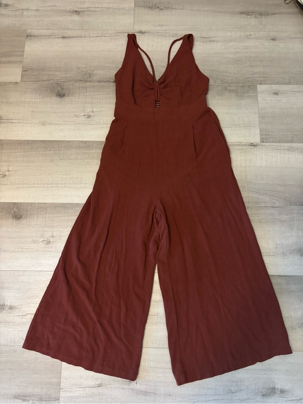 ANRABESS Rust Red Linen Blend Wide Leg Jumpsuit Deep V Smocked Back L